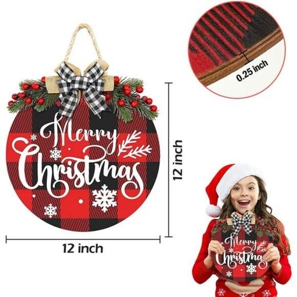 Decorations Wreath, Merry Christmas Buffalo Plaid Hanging Sign Rustic Wooden - Picture 3 of 7